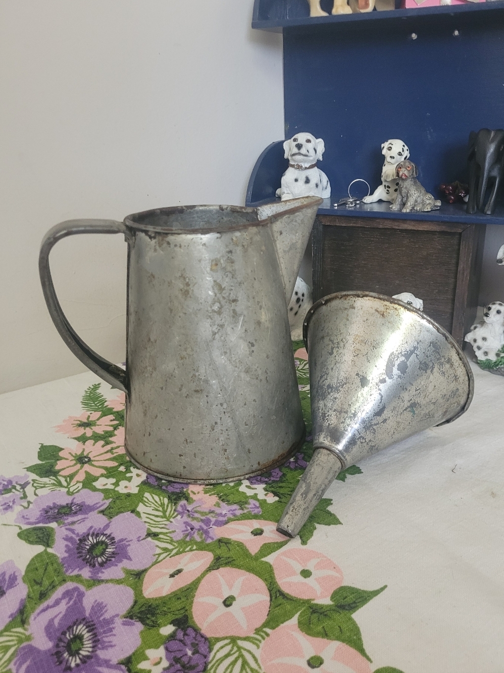 Vintage Metal Pouring Pitcher and Funnel - As Is
